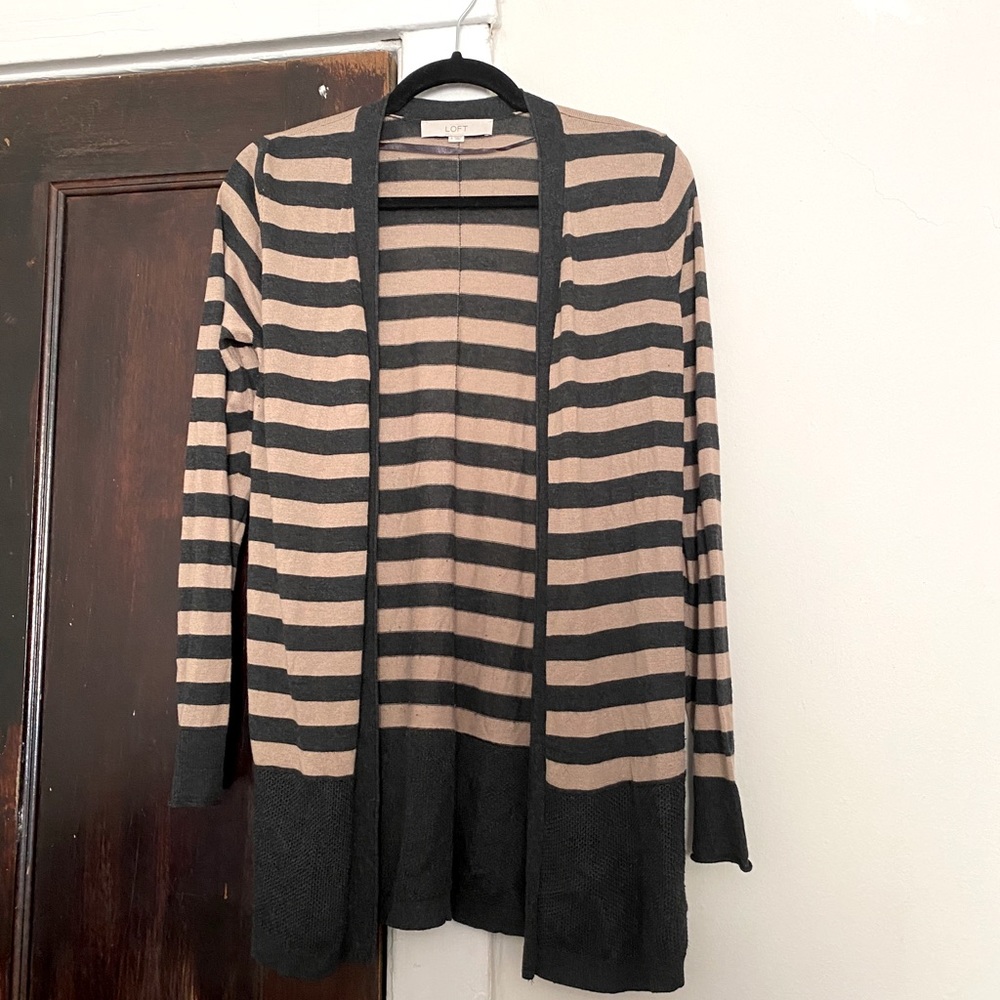 LOFT Tan/Grey Striped Lightweight Cardigan Sz S